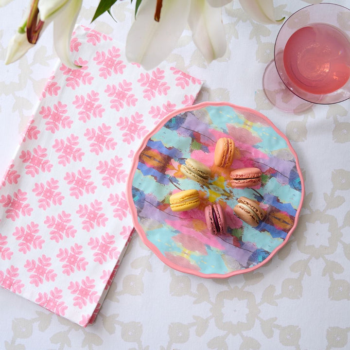 Brushstrokes Pink Tea Towel adds vibrant color to your festive decor