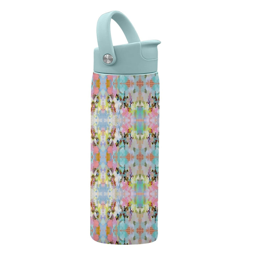 Brooks Avenue 24 oz Water Bottle in blues, pinks, and yellows has a screw top lid