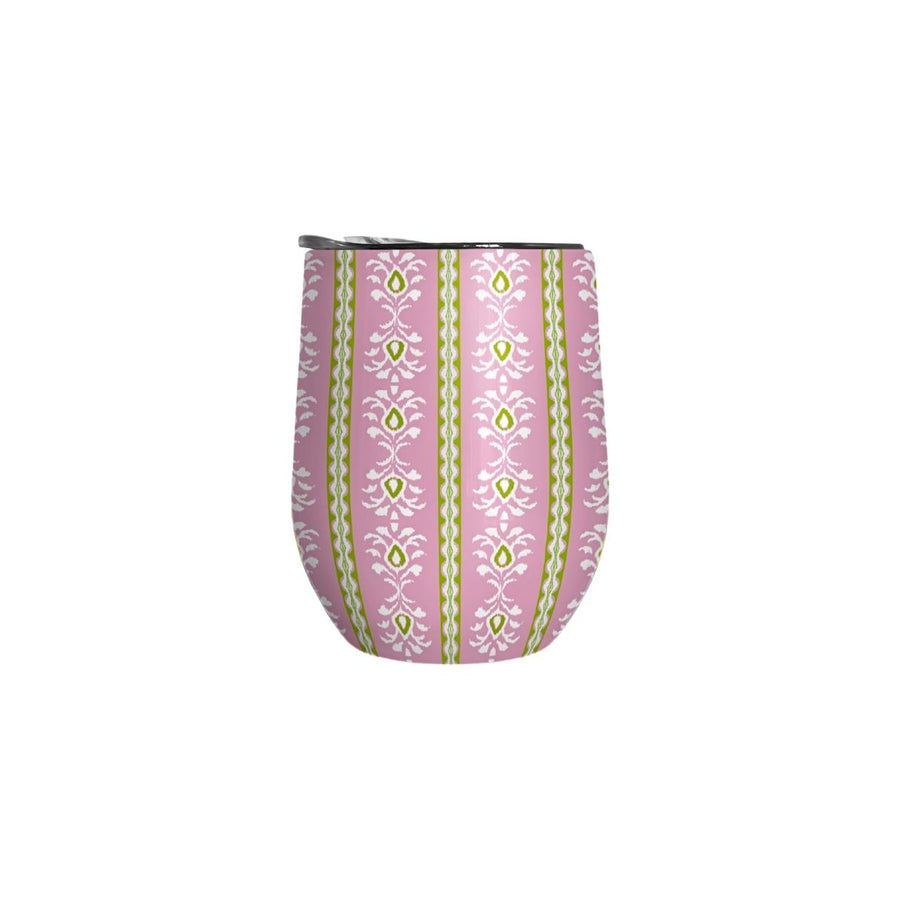 Rosemary Stripe Wine Tumbler in pinks and greens with plastic lid