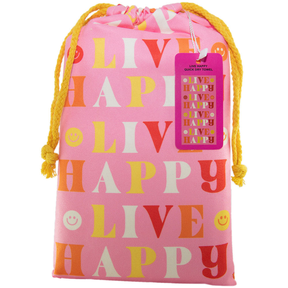 Live Happy Quick Dry Beach Towel with matching carry pouch