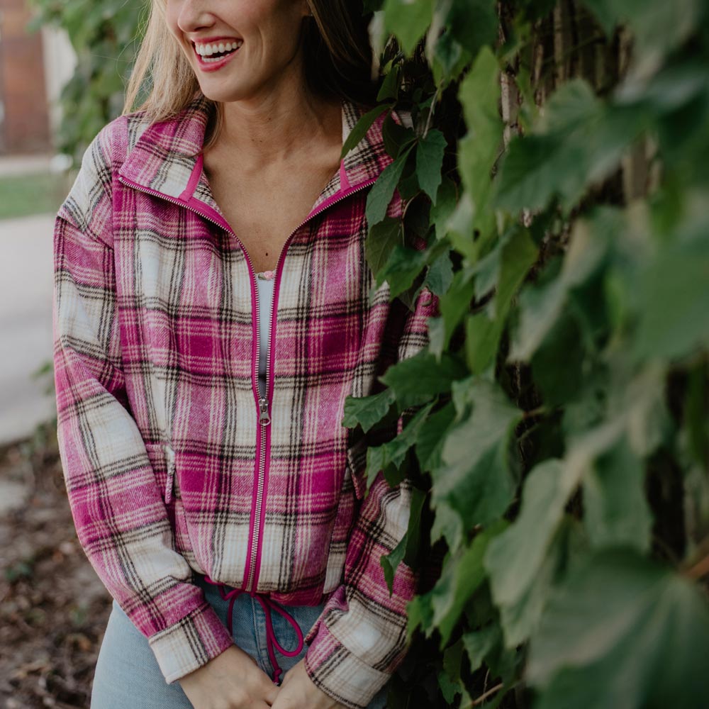 Pink Plaid Cropped Cinched Shacket