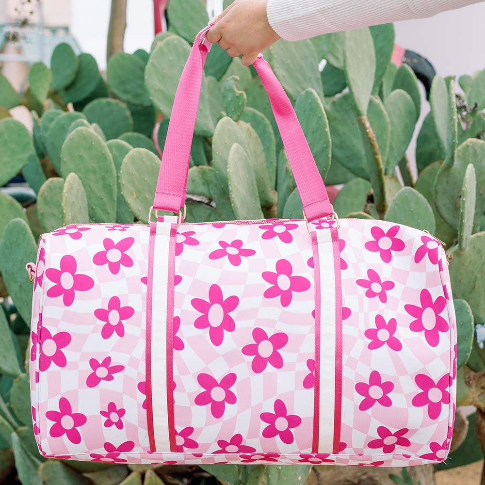 Pink Flower Groovy Checkered Weekender Bag