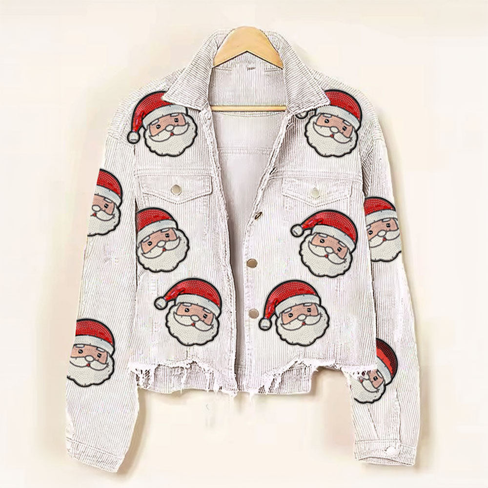 Sequin Santa Cropped Corduroy Shacket in beige