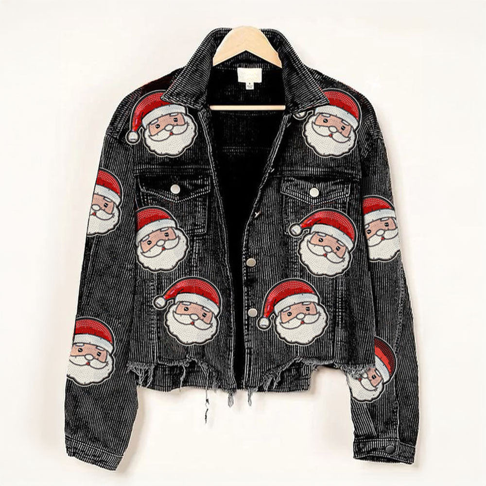 Sequin Santa Cropped Corduroy Shacket in charcoal