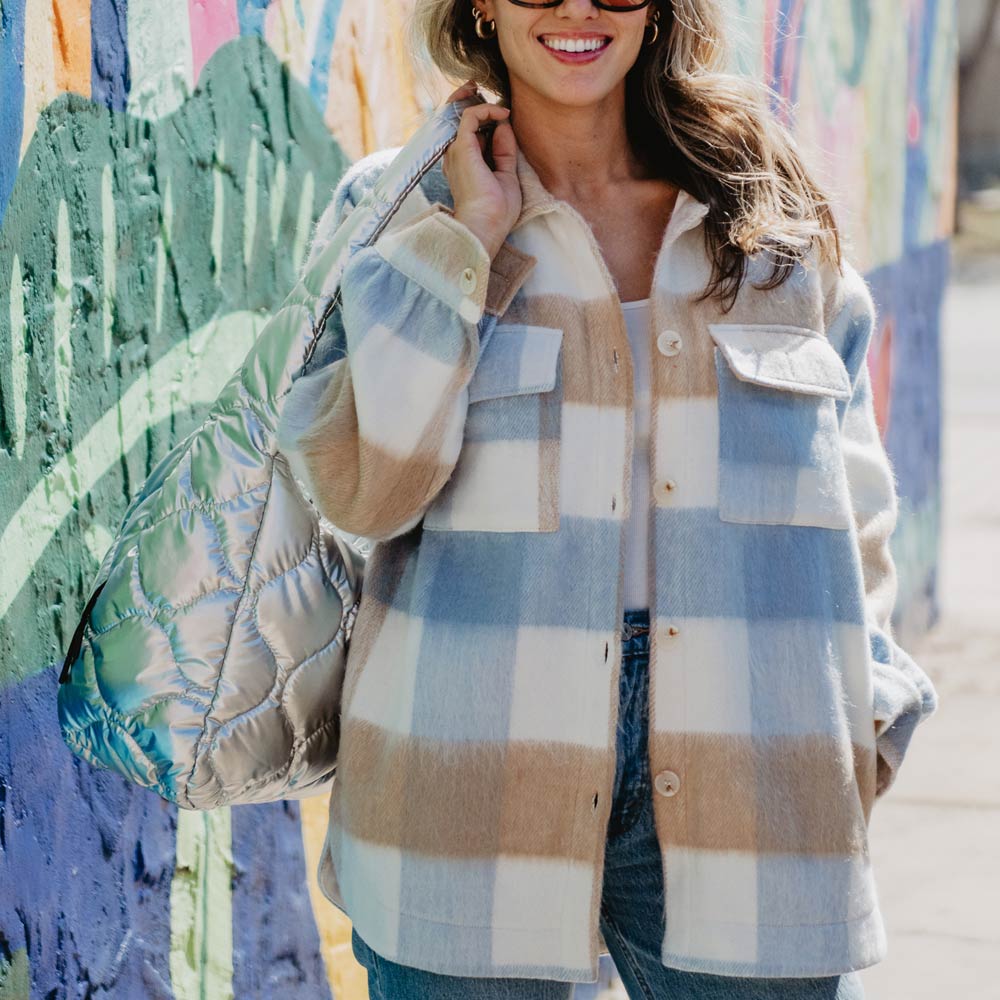 Blue &amp; Tan Checker Plaid Shacket