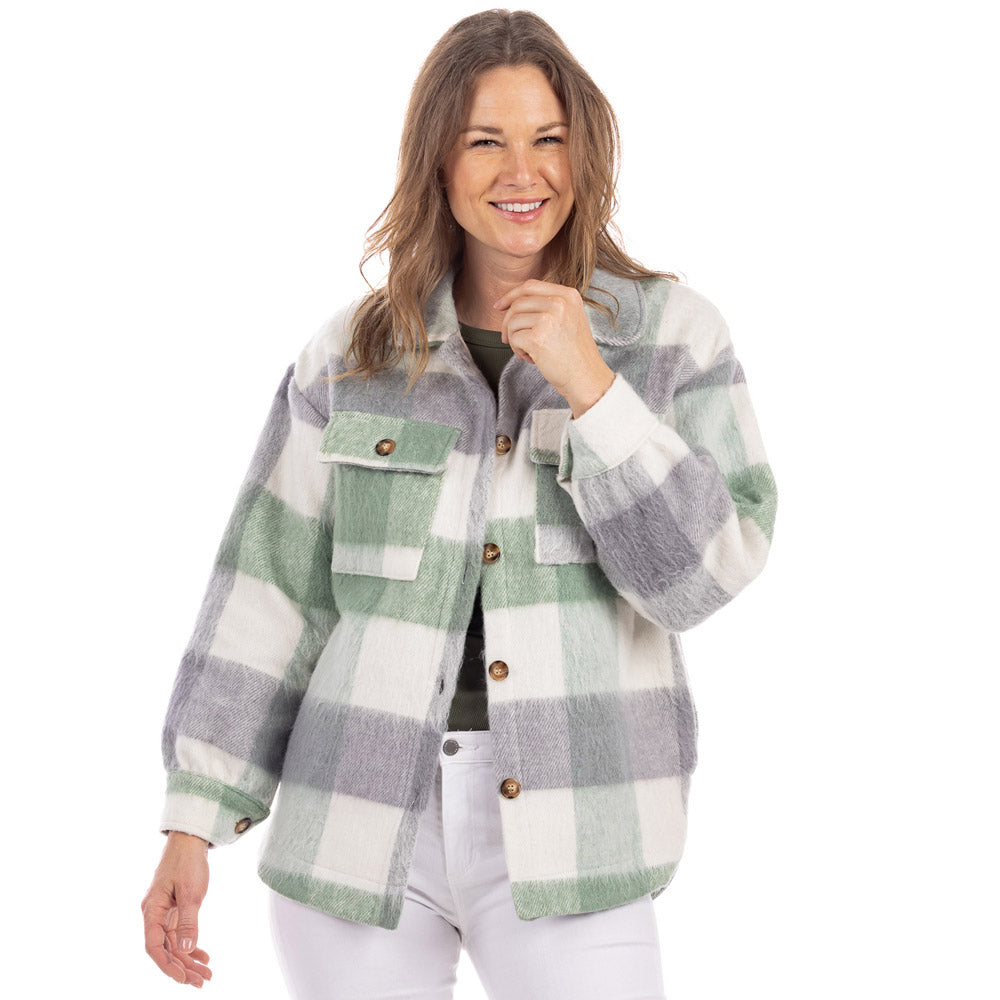 Green/Gray Plaid Shacket with button closures