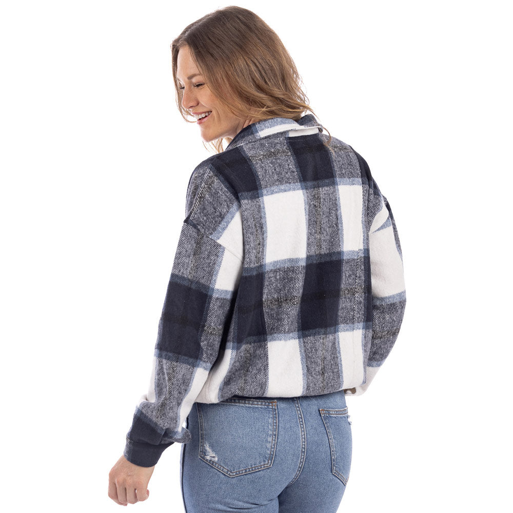 Navy Plaid Cropped Corduroy Shacket with a cinchable waist