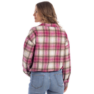Pink Plaid Cropped Cinched Shacket has a cinchable waist