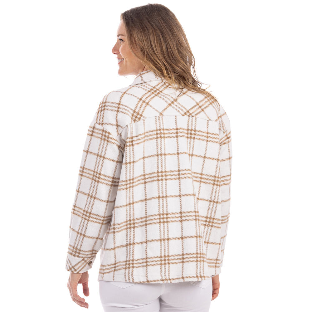 Tan/Cream Plaid Shacket is wool and polyester
