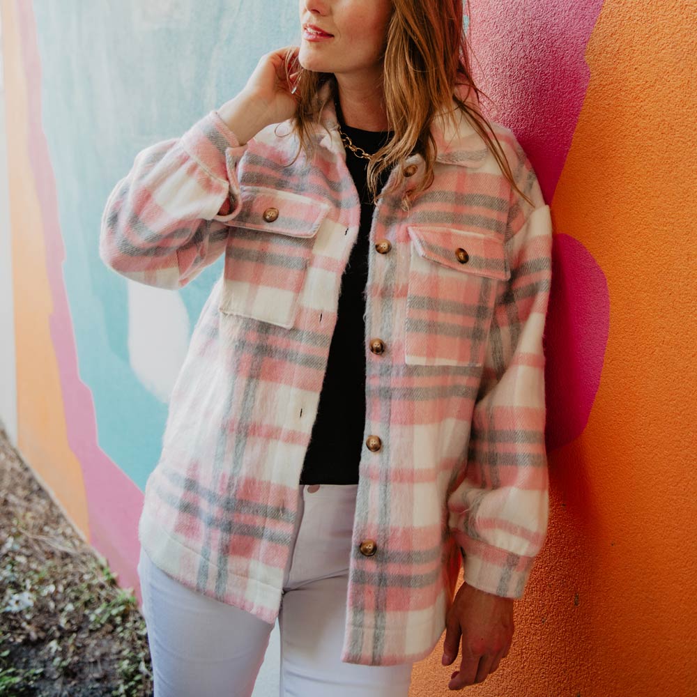 Pink &amp; Gray Plaid Shacket