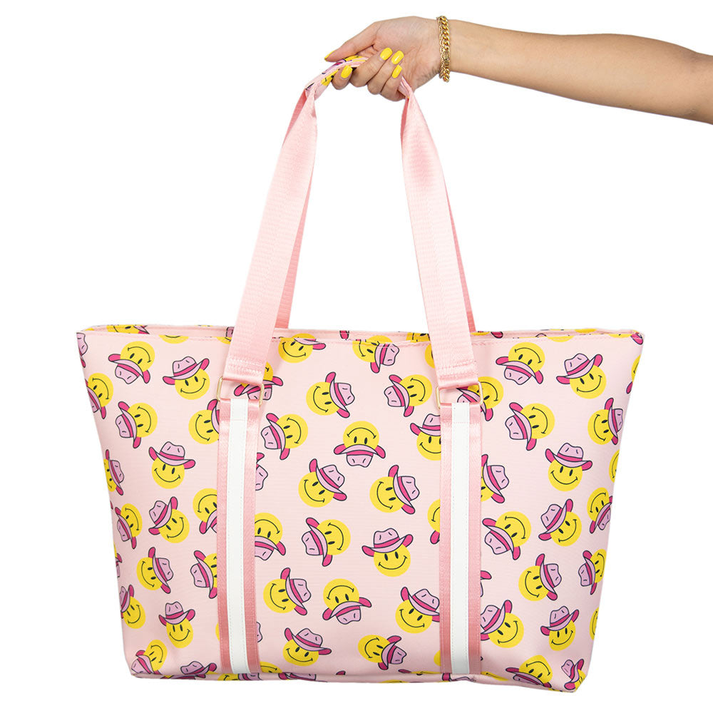 Cowgirl Happy Face Tote Bag has a water-resistant lining