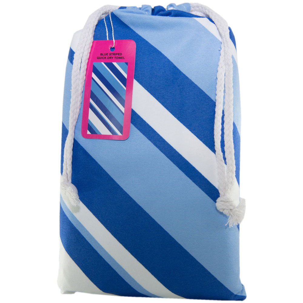 Blue Striped Quick Dry Beach Towel with handy carry pouch