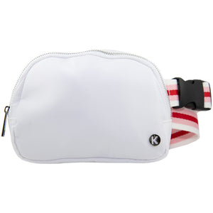 White Solid Belt Bag with Striped Strap with pink, red, and white striped strap with Katydid logo
