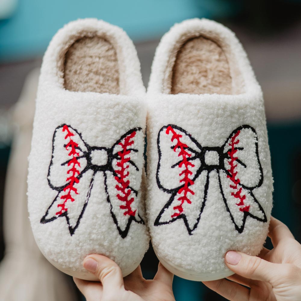 Baseball Bow Fuzzy Slippers