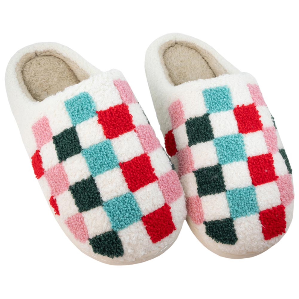 Christmas Multicolored Checkered Fuzzy Slippers will put yu ou in a festive spirit