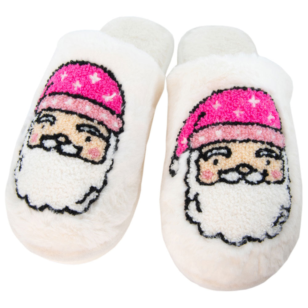 Pink Santa Face Happy Feet Slippers super soft faux rabbit fur