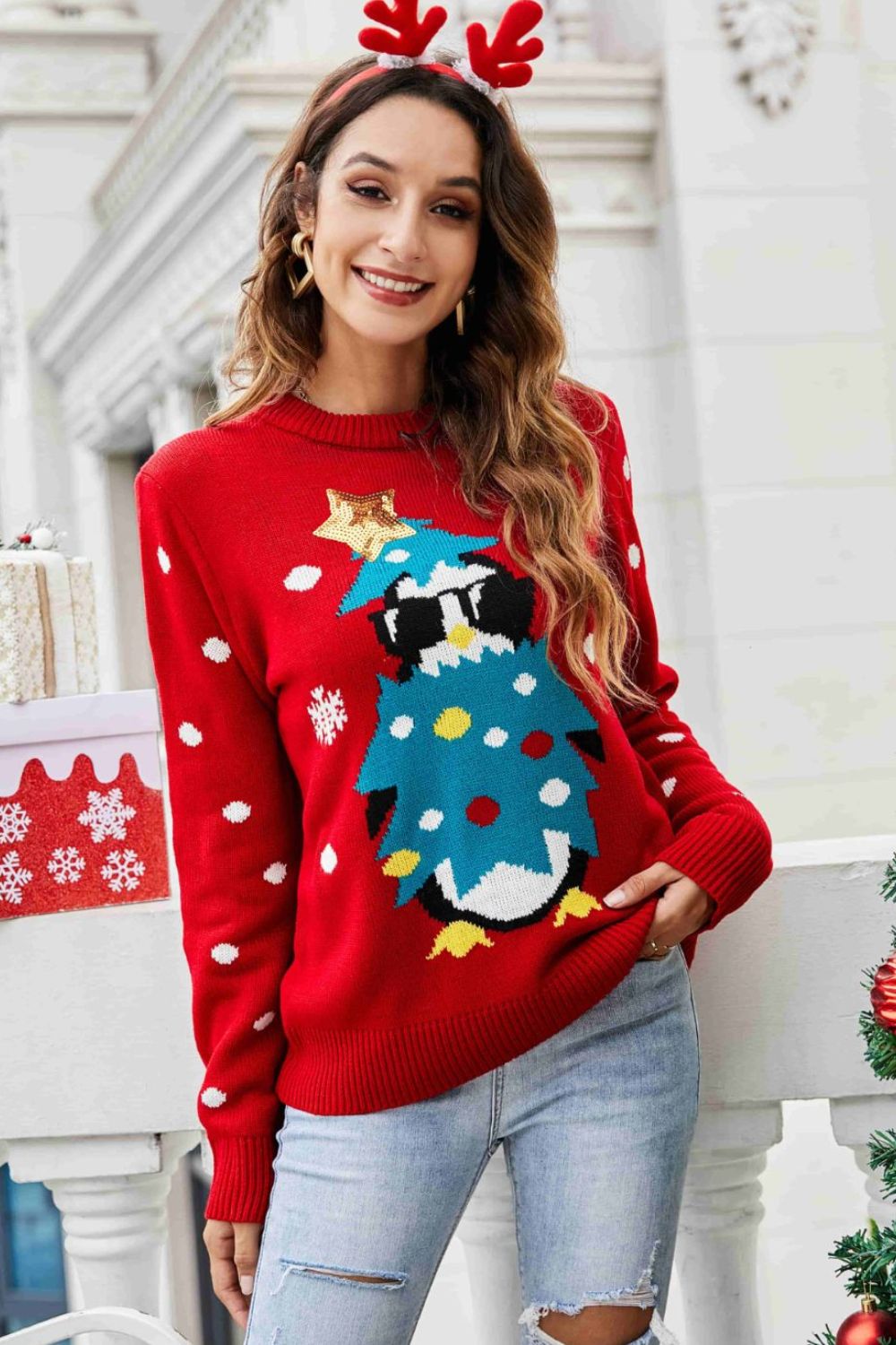 Christmas Penguin Graphic Sequin Sweater is moderate stretch