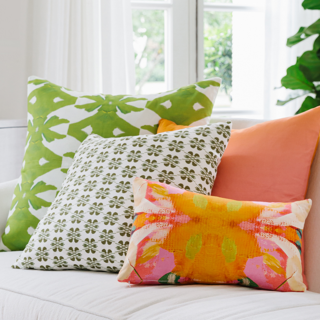 Flower Child Marigold Linen Pillow in sofa display