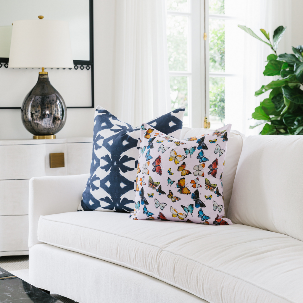 Palm Navy Linen Throw Pillow in sofa display