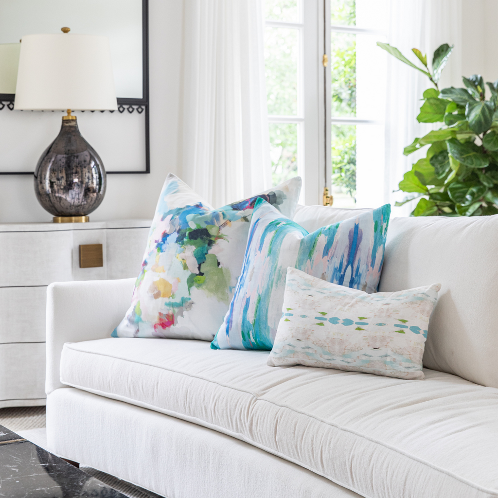 Flower Child Teal Linen Pillow in sofa display