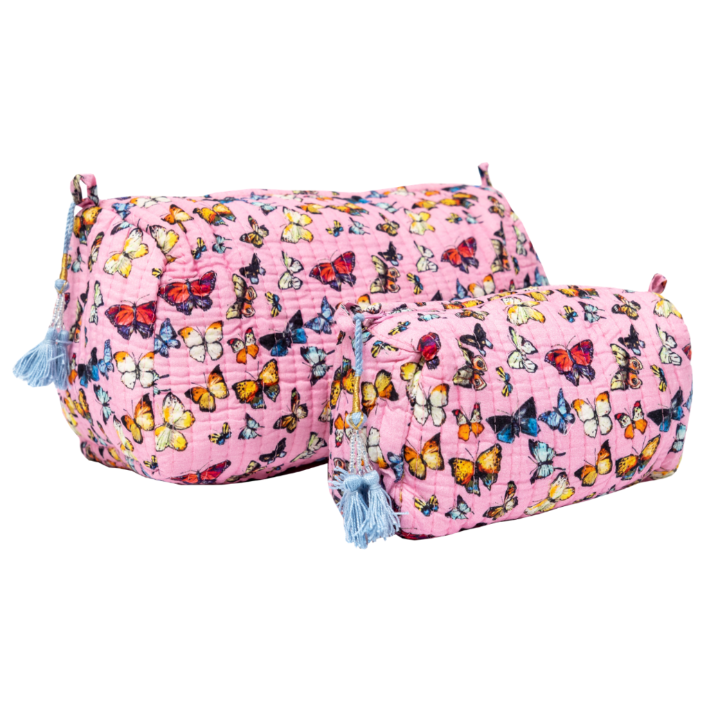 Butterflies Pink Quilted Cosmetic Bag in vivid pink with butterflies from Laura Park Designs