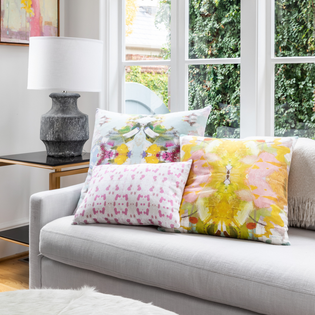 Jardin Yellow Linen Pillow in sofa display