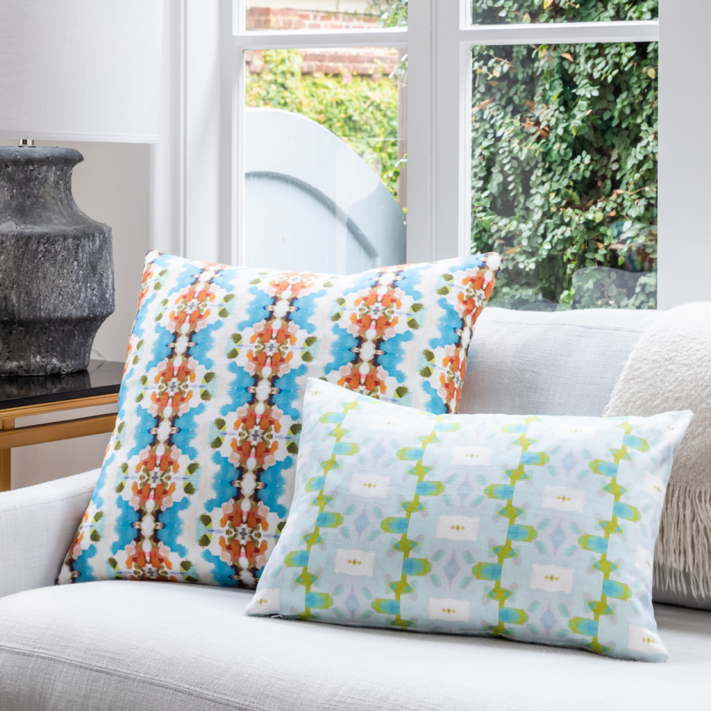 Chloe Blue Linen pillow from Laura Park Designs lumbar with Maizy pillow