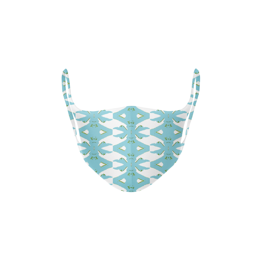 Palm Blue Kid&#39;s Face Mask in soft blues on white background from Laura Park Designs