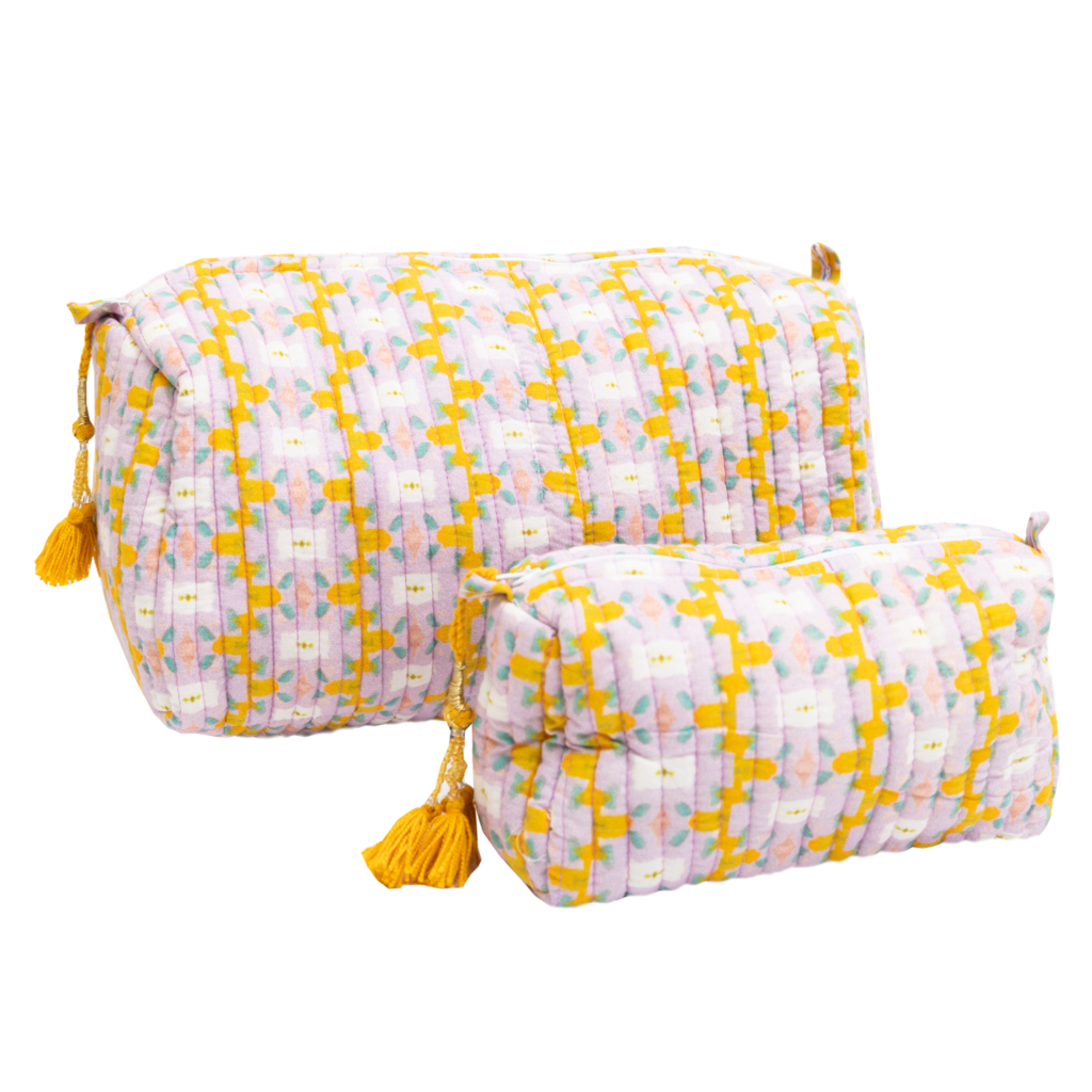 Chloe Lavender Quilted Cosmetic Bag from Laura Park Designs in yellows and lavender, two sizes