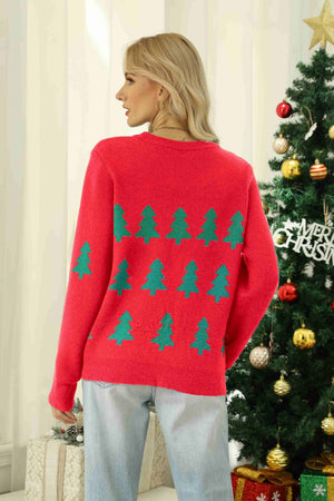 Christmas Tree Round Neck Ribbed Trim Sweater in red back view