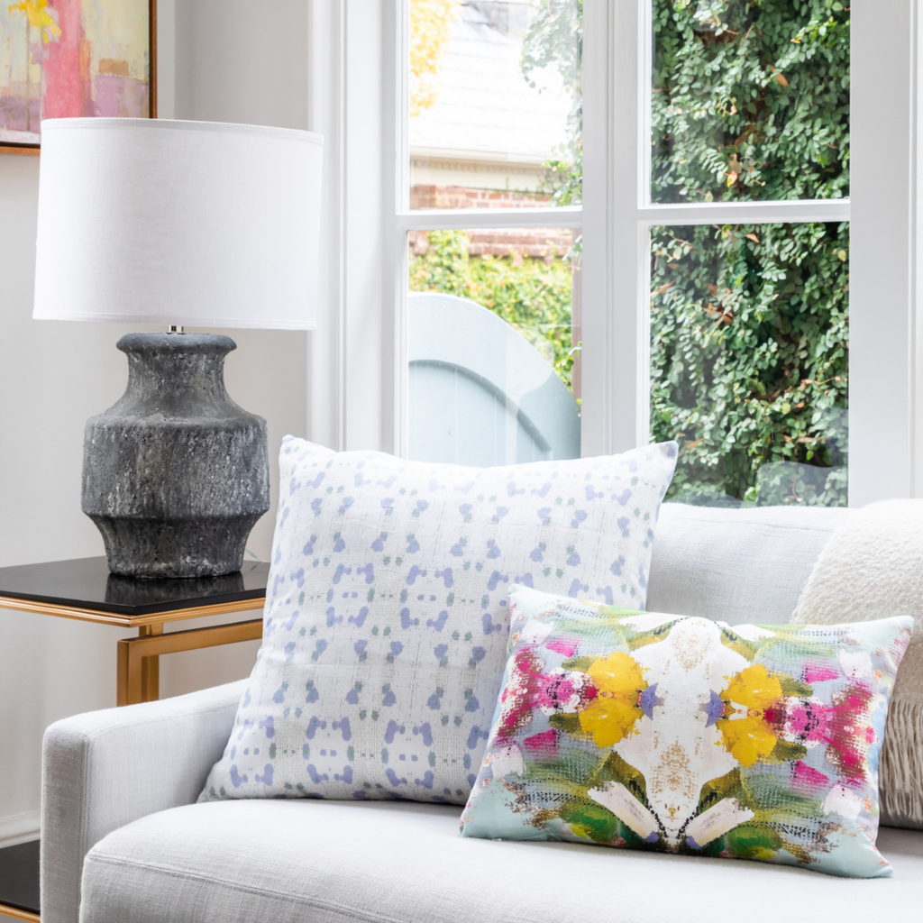 Cheetah Lavender Linen Pillow in sofa display