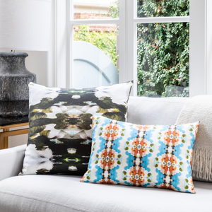 Zanzibar Linen Cotton Pillow from Laura Park Designs in contrasting colors, shown with Maizy lumbar