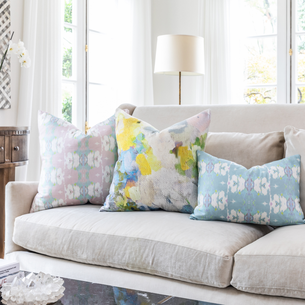 Butterfly Garden Sky Linen Pillow from Laura Park Designs sofa display