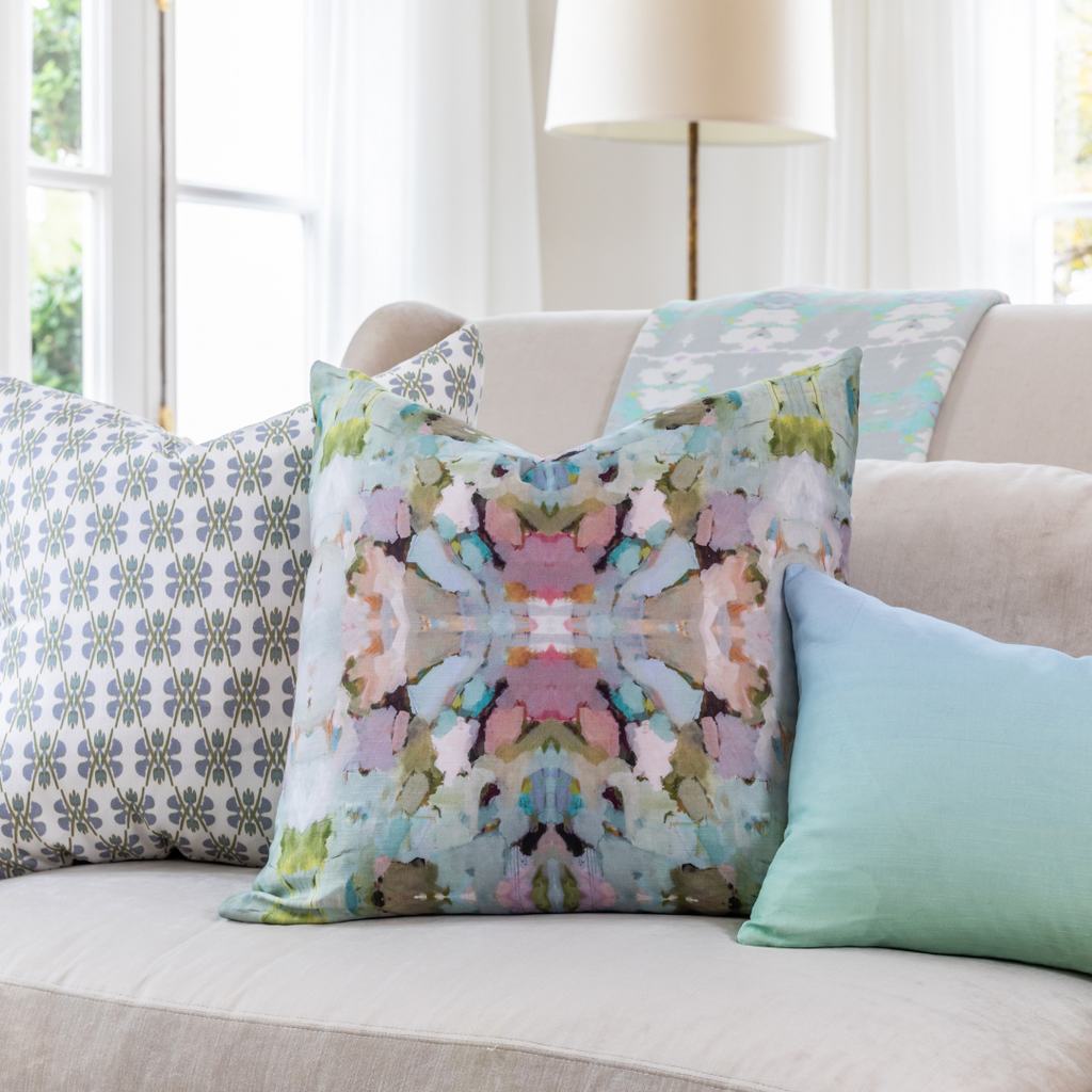 Martini Olives Linen Throw Pillow in sofa display