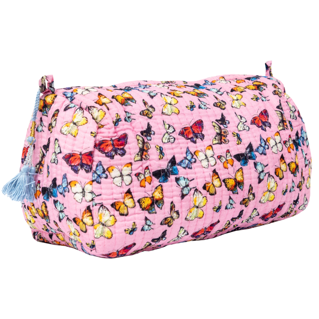 Butterflies Pink Quilted Cosmetic Bag in vivid pink from Laura Park Designs large size
