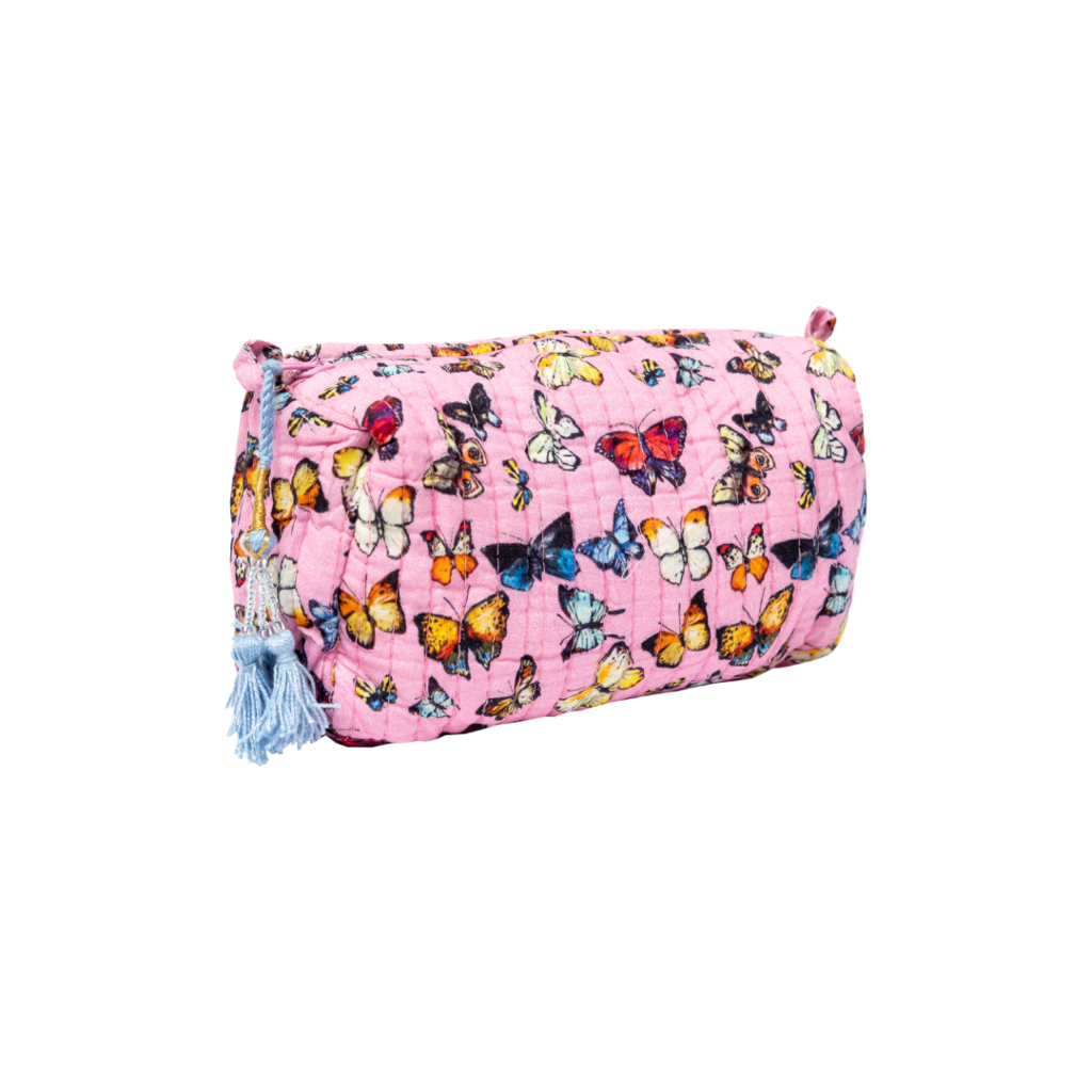 Butterflies Pink Quilted Cosmetic Bag in vivid pink from Laura Park Designs small size