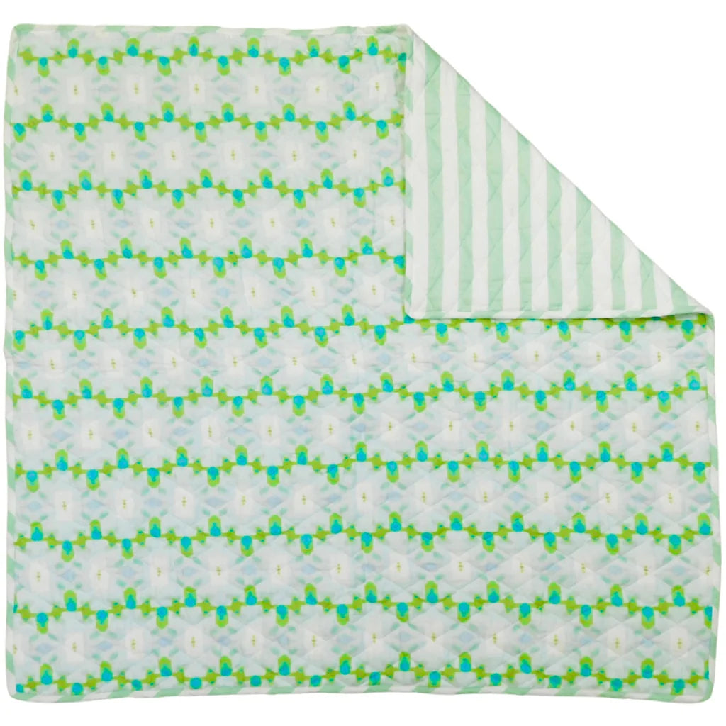 Chloe Blue Baby Blanket in greens and blues, pattern on face and green stripes on reverse