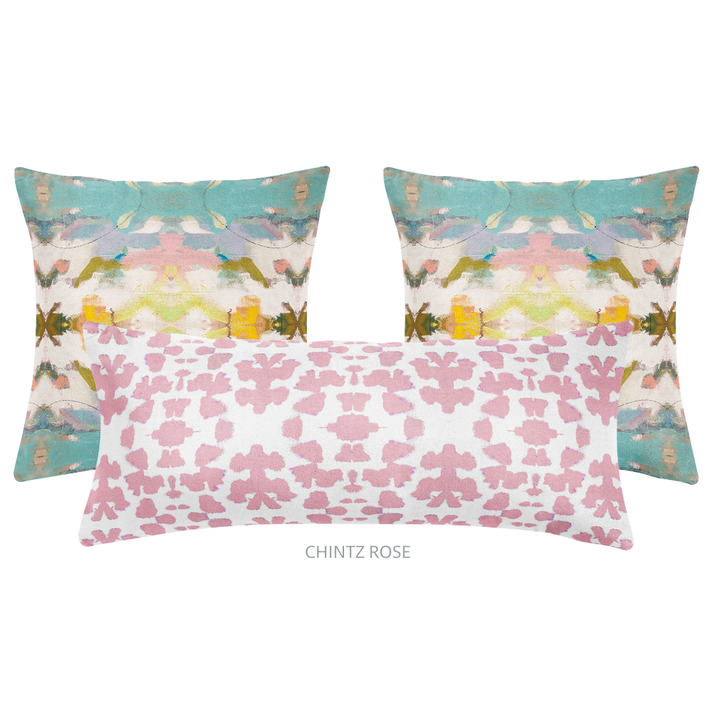 Jaipur Indoor Throw Pillow shown with the new Chintz Rose bolster pillow