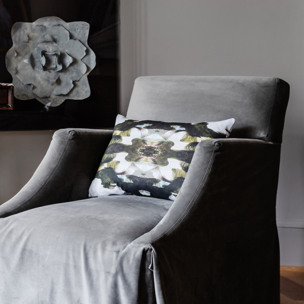 Zanzibar Linen Cotton Pillow from Laura Park Designs adds contrast in monochromatic decors