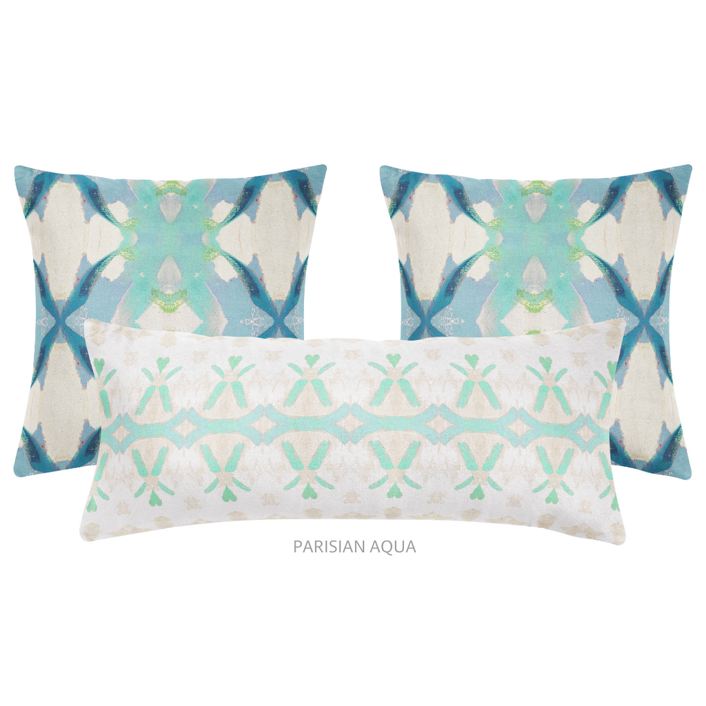Jasmine Blue Indoor Throw Pillow paired with Parisian Aqua bolster