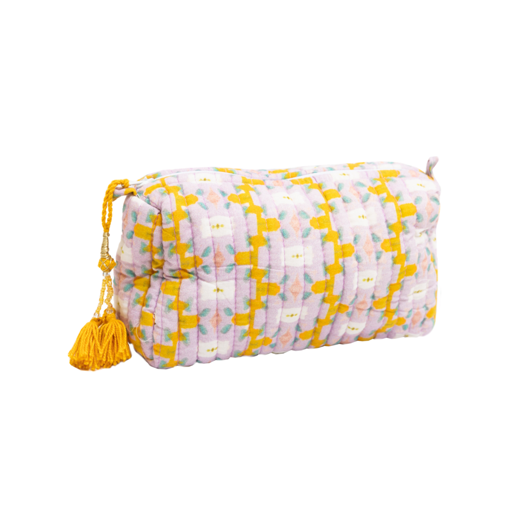 Chloe Lavender Quilted Cosmetic Bag from Laura Park Designs in yellows and lavender, small size
