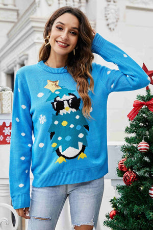 Christmas Penguin Graphic Sequin Sweater in blue