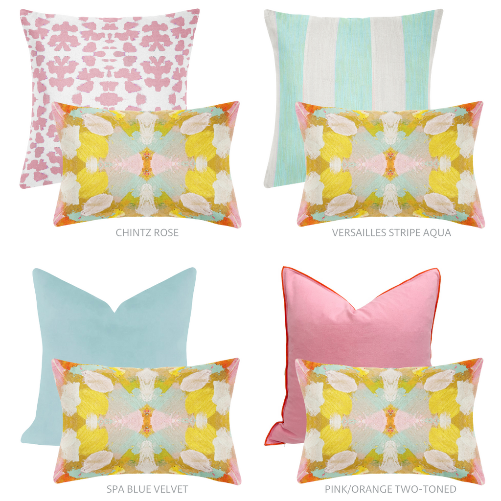 Marigold Indoor Throw Pillow shown with a variety of complenting colors and patterns
