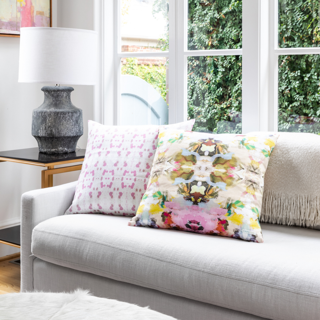 Cheetah Pink Linen Pillow in sofa display