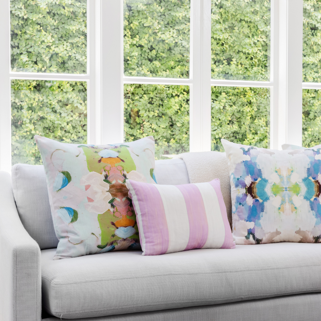 Monet&#39;s Garden Green Linen Throw Pillow in sofa display