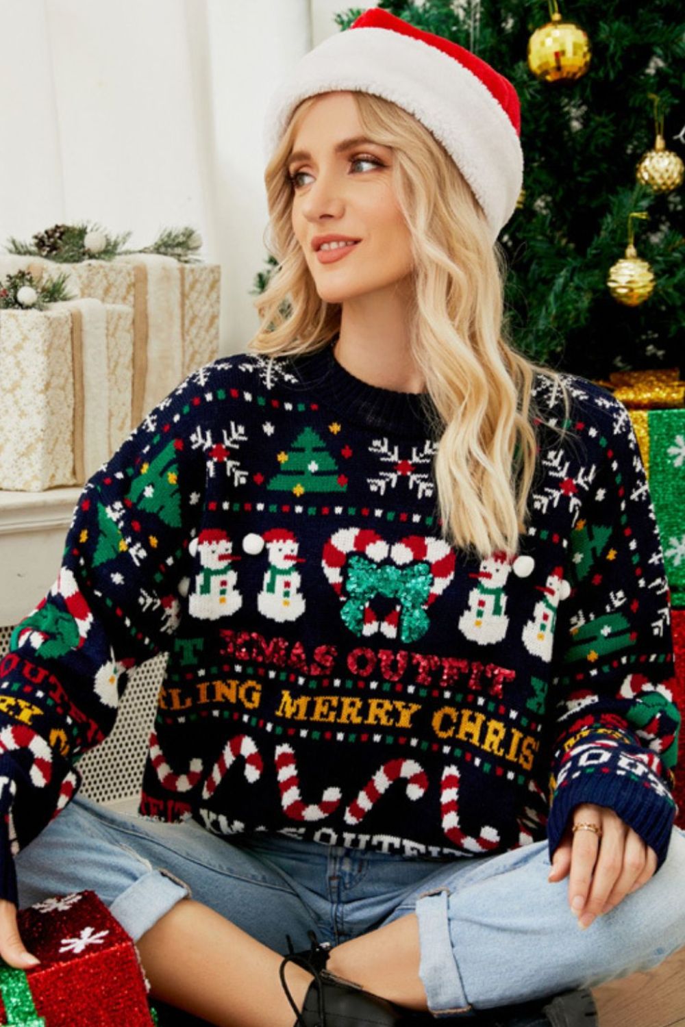 Christmas Print Crewneck Dropped Shoulder Sweater for Holiday fun!