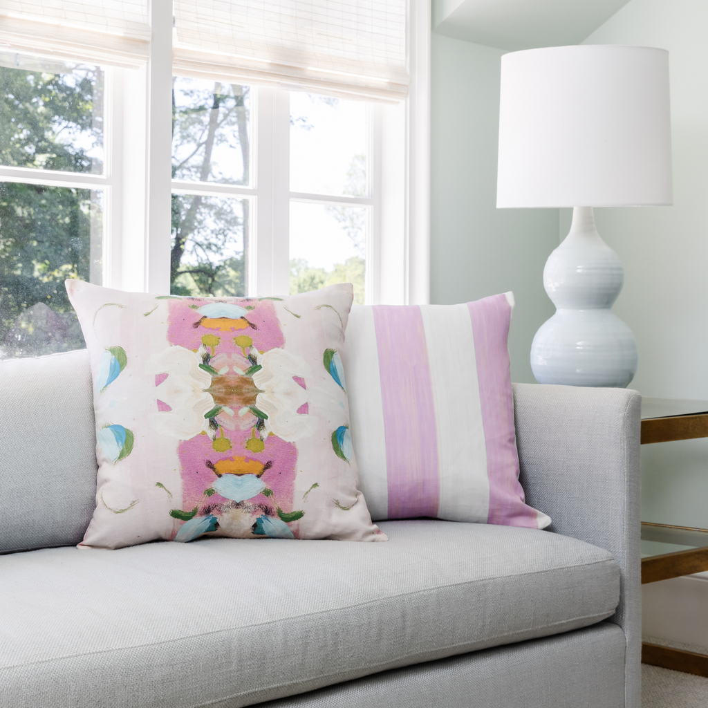 Monet's Garden Pink Linen Throw Pillow in sofa display