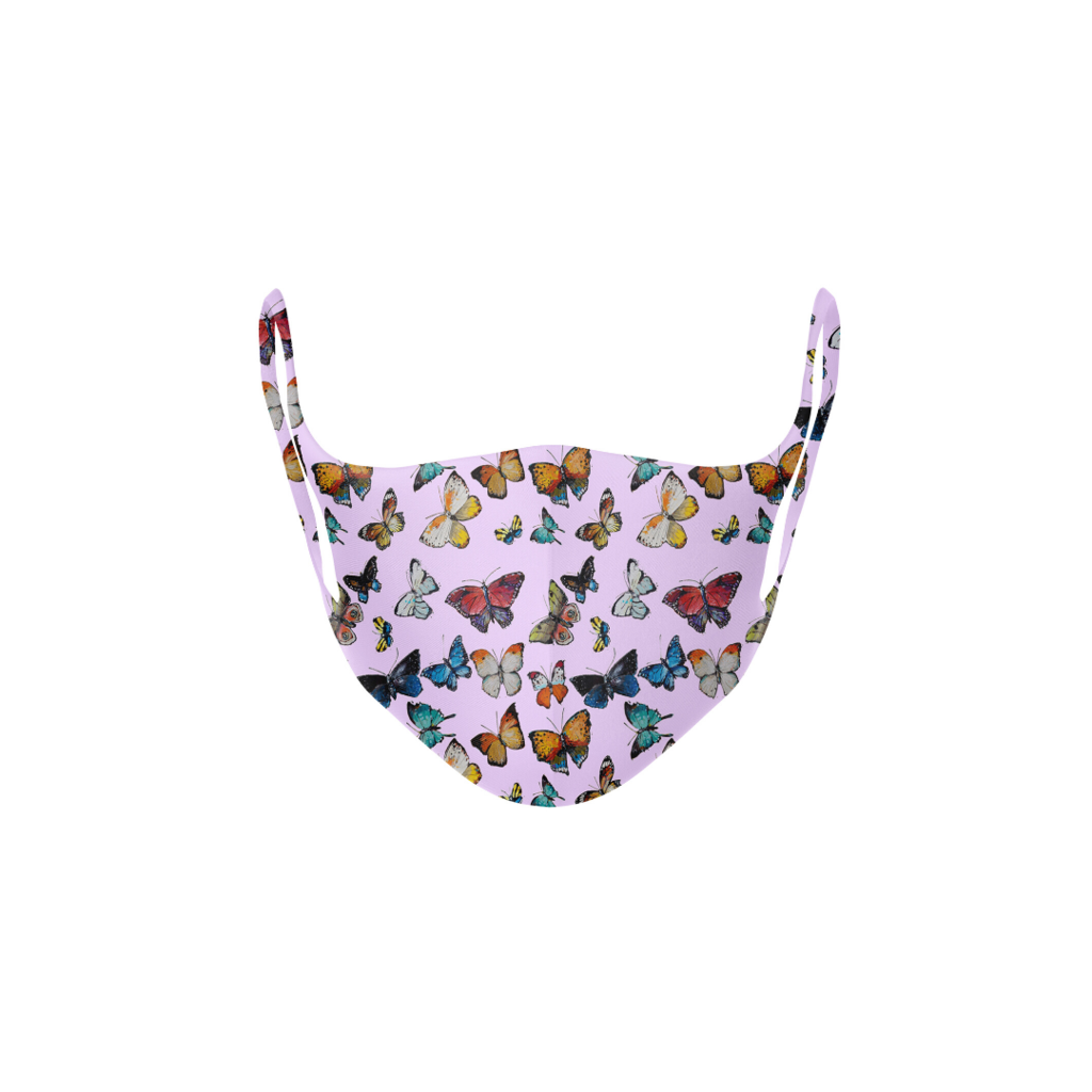 Butterflies Pink kid&#39;s face mask with colorful butterflies on pink from Laura Park Designs