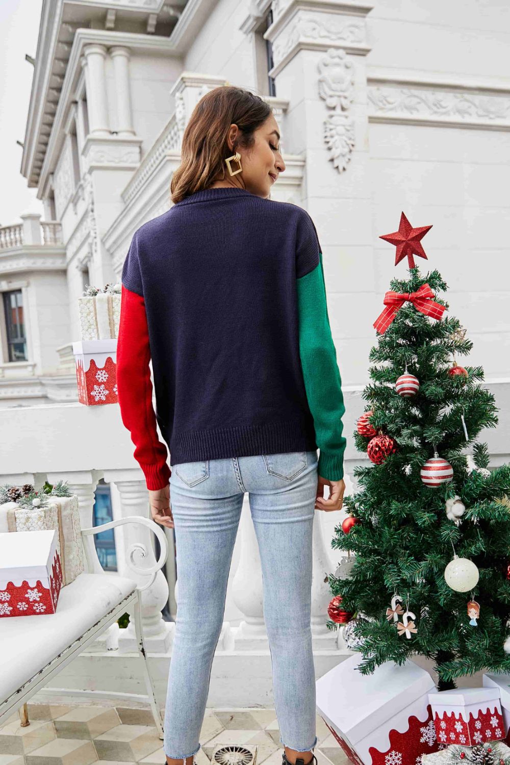 Christmas Color Block Knit Pullover back view