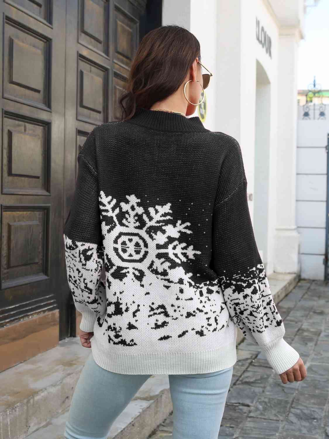 Snowflake Pattern Mock Neck Sweater in black